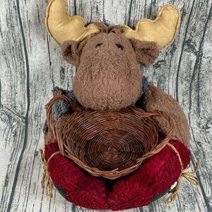 Stuffed Winter Moose with Gloves and Basket Table Decoration